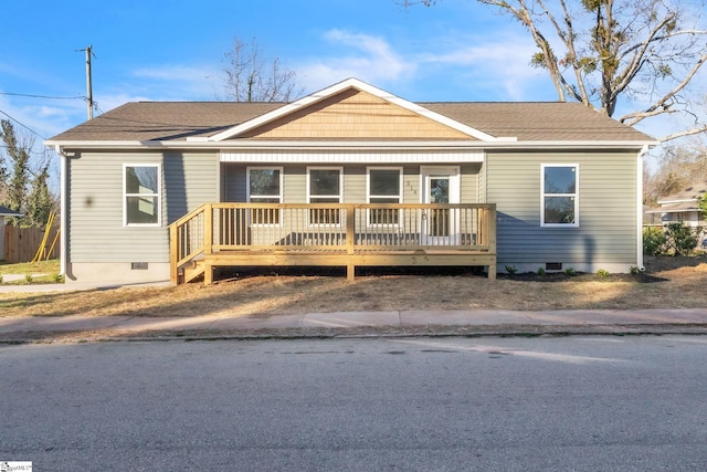 view of front of house featuring roof with shingles and crawl space