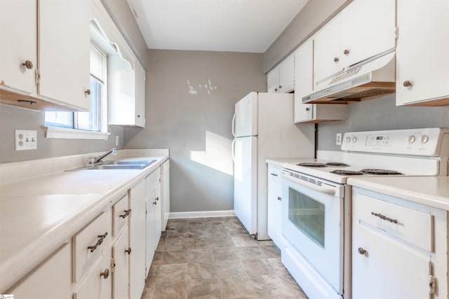 kitchen with white electric range oven, white cabinets, light countertops, under cabinet range hood, and a sink