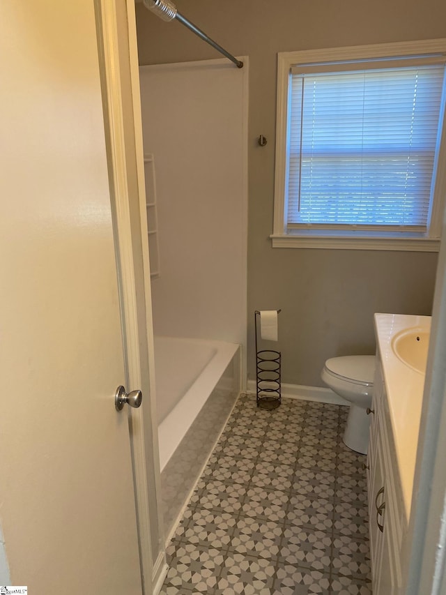 full bath with a bath, toilet, a shower, and vanity
