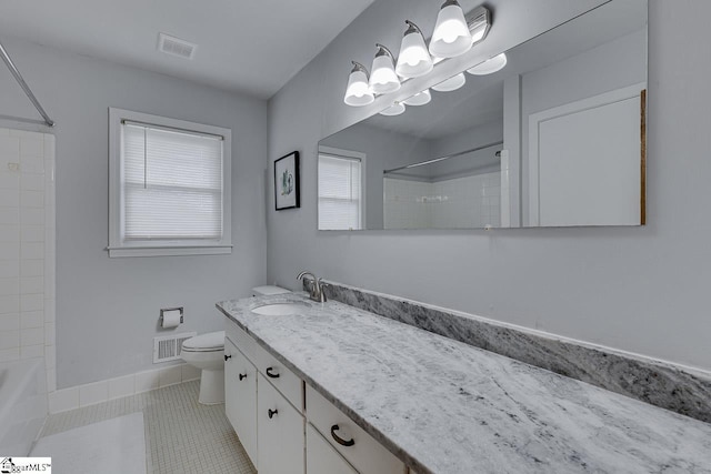 bathroom featuring visible vents, toilet, tile patterned flooring, and vanity