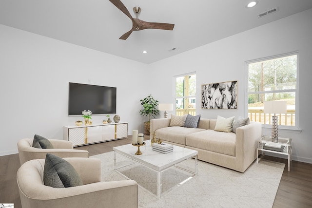 14 Polk Blvd, Greenville, SC 29611 - living area featuring recessed lighting, baseboards, visible vents, a ceiling fan, and wood finished floors