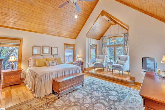 511 Palmer Way, Sunset, SC 29685 - bedroom featuring baseboards, high vaulted ceiling, wood finished floors, and wood ceiling