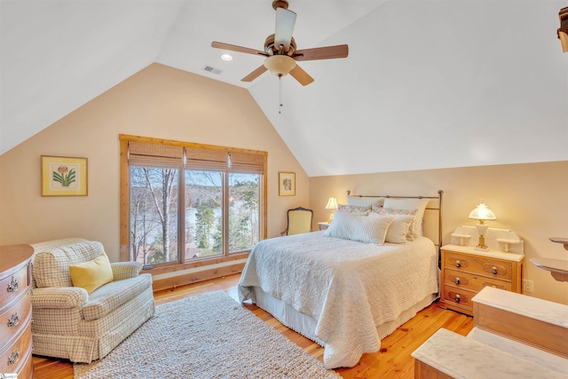 511 Palmer Way, Sunset, SC 29685 - bedroom with ceiling fan, light wood-style floors, vaulted ceiling, and visible vents