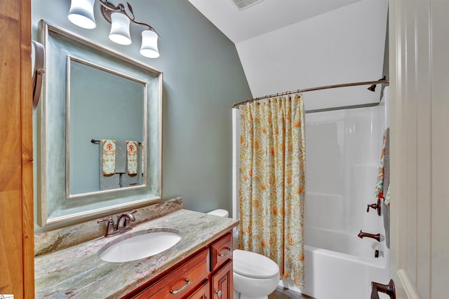 511 Palmer Way, Sunset, SC 29685 - full bathroom featuring toilet, vanity, shower / bathtub combination with curtain, and lofted ceiling
