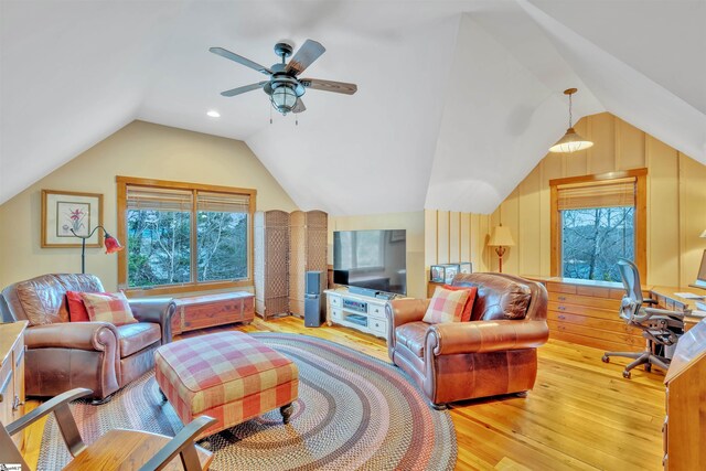 511 Palmer Way, Sunset, SC 29685 - living area with vaulted ceiling, wood finished floors, and a ceiling fan