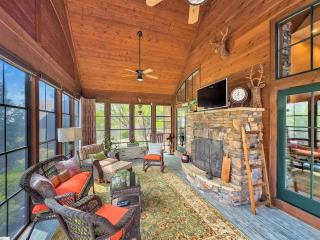 511 Palmer Way, Sunset, SC 29685 - sunroom with an outdoor living space with a fireplace and a ceiling fan