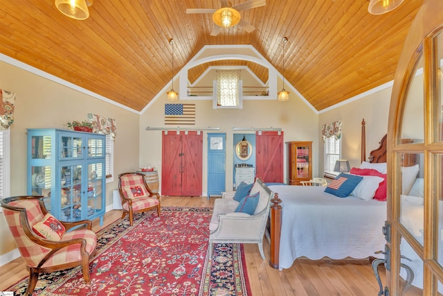 511 Palmer Way, Sunset, SC 29685 - bedroom featuring high vaulted ceiling, wood ceiling, ornamental molding, and hardwood / wood-style floors