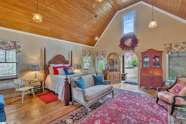 511 Palmer Way, Sunset, SC 29685 - bedroom featuring crown molding, wooden ceiling, high vaulted ceiling, hardwood / wood-style flooring, and access to exterior
