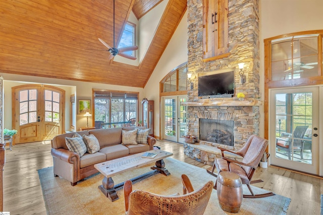 511 Palmer Way, Sunset, SC 29685 - living area featuring high vaulted ceiling, hardwood / wood-style flooring, french doors, a ceiling fan, and a fireplace