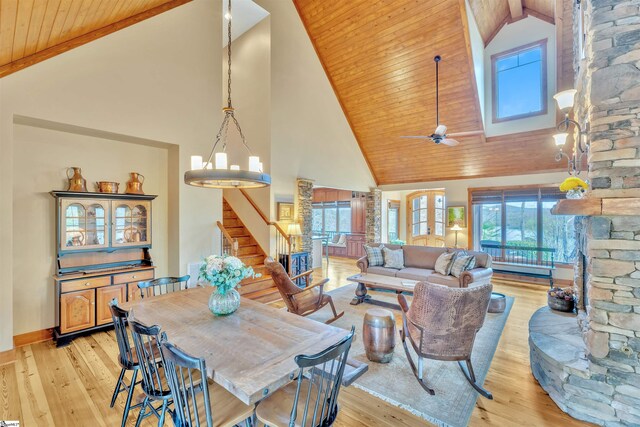511 Palmer Way, Sunset, SC 29685 - dining area with light wood-style flooring, wooden ceiling, stairway, and a wealth of natural light