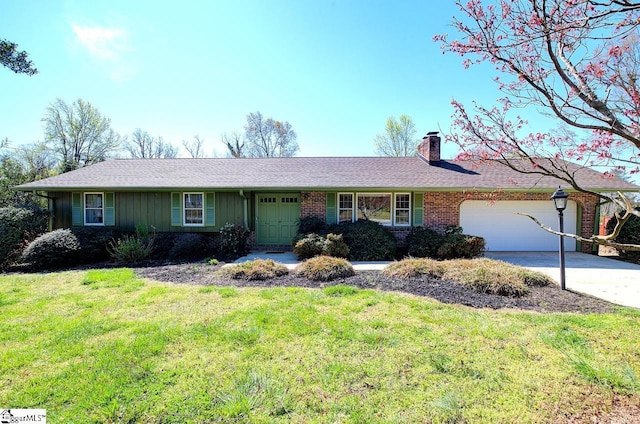 411 Westcliffe Way, Greenville, SC 29611 - ranch-style home featuring an attached garage, a chimney, brick siding, a front lawn, and driveway