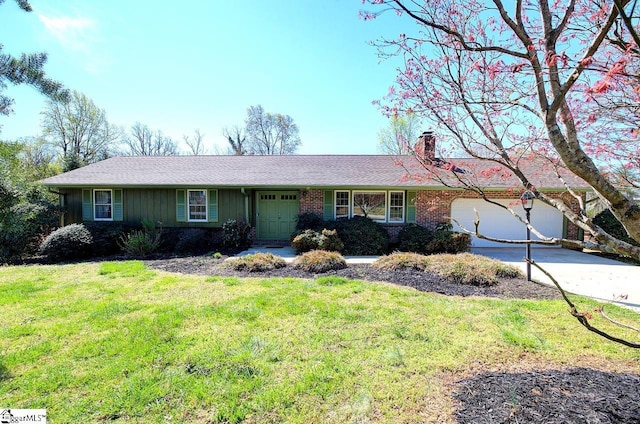 411 Westcliffe Way, Greenville, SC 29611 - single story home with driveway, a chimney, an attached garage, brick siding, and a front lawn