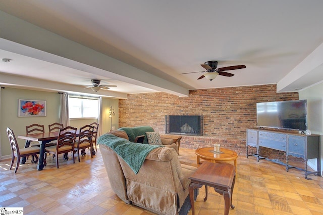 411 Westcliffe Way, Greenville, SC 29611 - living room featuring a ceiling fan, beam ceiling, and brick wall