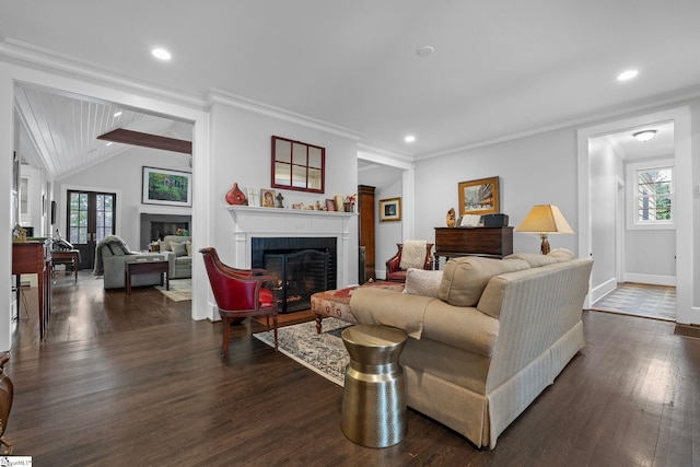 living area featuring vaulted ceiling, a fireplace, baseboards, ornamental molding, and dark wood-style flooring
