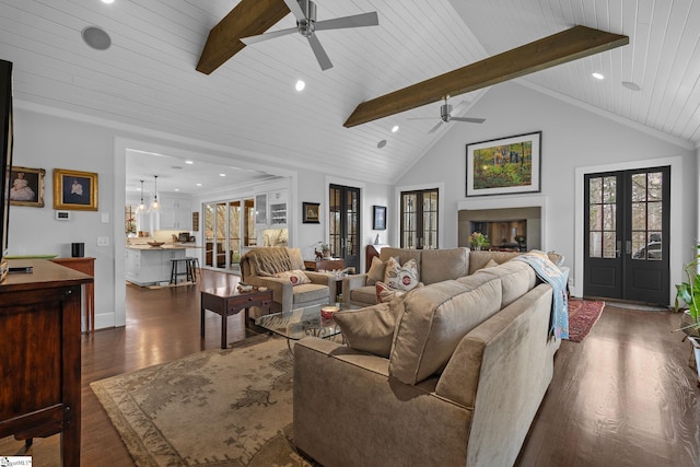 living room featuring dark wood-style floors, beam ceiling, ceiling fan, and recessed lighting