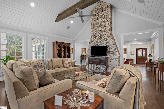 living area featuring wooden ceiling, beam ceiling, a ceiling fan, wood finished floors, and ornamental molding