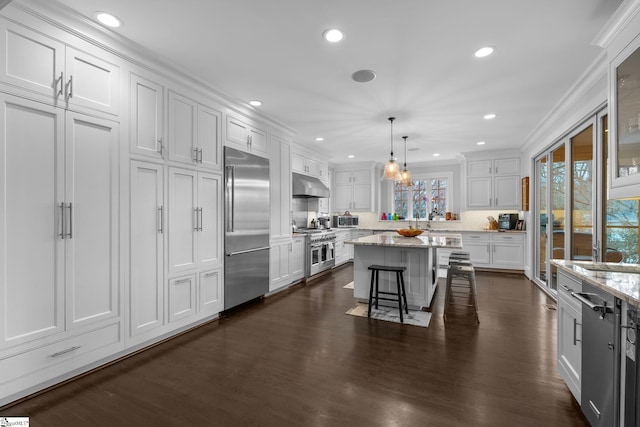 kitchen with high quality appliances, a kitchen bar, dark wood-style floors, under cabinet range hood, and white cabinets