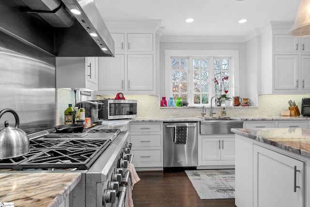 kitchen with crown molding, a sink, range hood, appliances with stainless steel finishes, and white cabinets