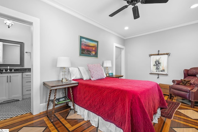 bedroom with connected bathroom, wood finished floors, recessed lighting, and crown molding