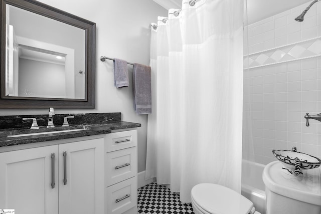 bathroom featuring shower / bath combination with curtain, toilet, and vanity