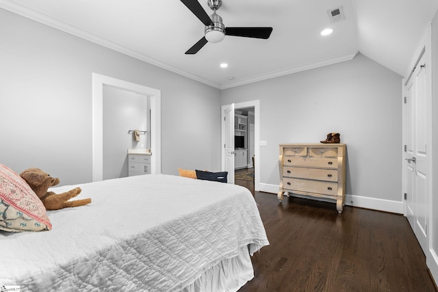 bedroom with dark wood finished floors, baseboards, visible vents, ornamental molding, and recessed lighting
