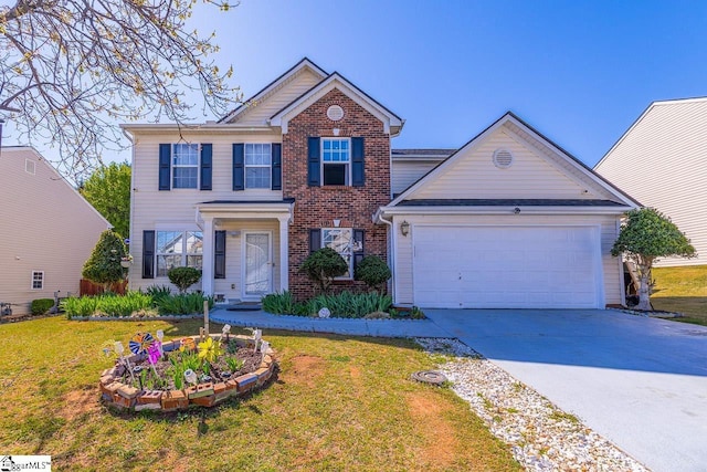 view of front of home with brick siding, driveway, a garage, and a front lawn