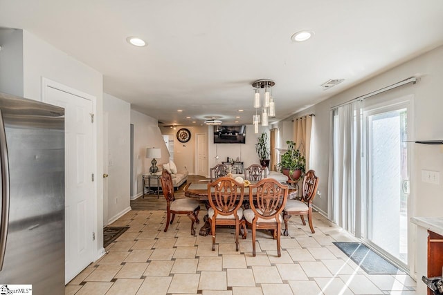 dining space with light tile patterned floors, recessed lighting, baseboards, and visible vents