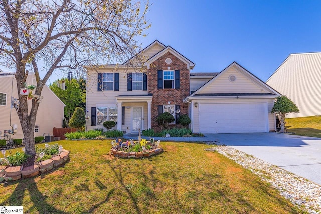 view of front of property featuring a front lawn, driveway, a garage, and brick siding