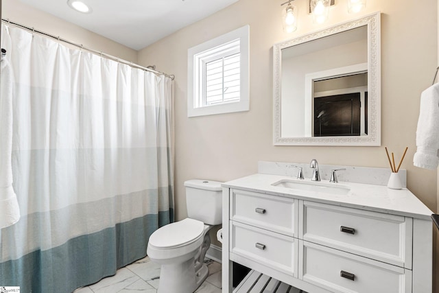 130 Park Ave, Greer, SC 29651 - full bathroom with marble finish floor, curtained shower, toilet, and vanity