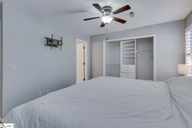 bedroom featuring a closet, ceiling fan, and visible vents