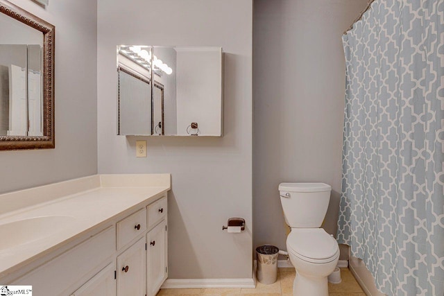 full bathroom with toilet, vanity, a shower with curtain, tile patterned flooring, and baseboards