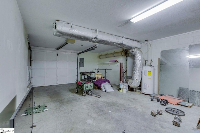 garage with concrete block wall, water heater, and electric panel