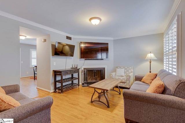 living area featuring a fireplace with flush hearth, ornamental molding, and light wood-type flooring