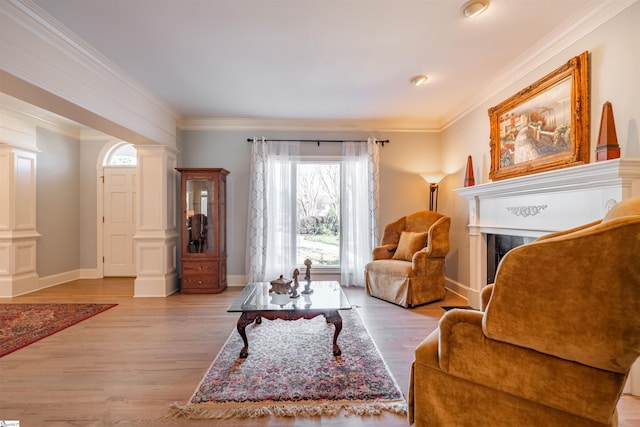 6 Bentford Ct, Simpsonville, SC 29681 - living area featuring a fireplace, crown molding, wood finished floors, and ornate columns