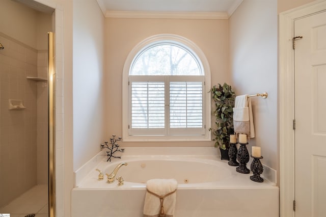 6 Bentford Ct, Simpsonville, SC 29681 - full bathroom featuring a stall shower, a bath, and ornamental molding