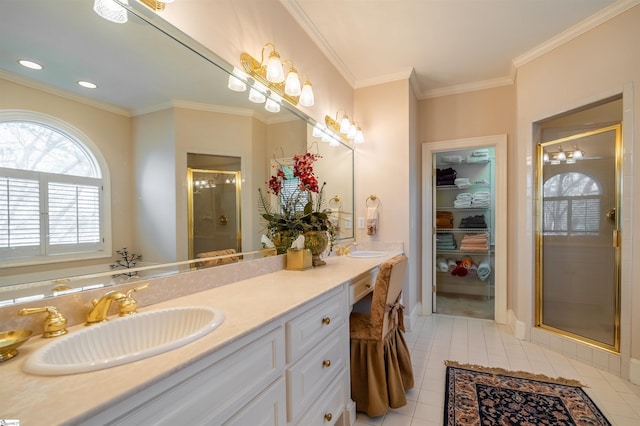 6 Bentford Ct, Simpsonville, SC 29681 - full bathroom with ornamental molding, a sink, a stall shower, and tile patterned flooring