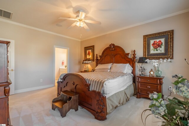 6 Bentford Ct, Simpsonville, SC 29681 - bedroom with visible vents, crown molding, baseboards, ceiling fan, and light carpet