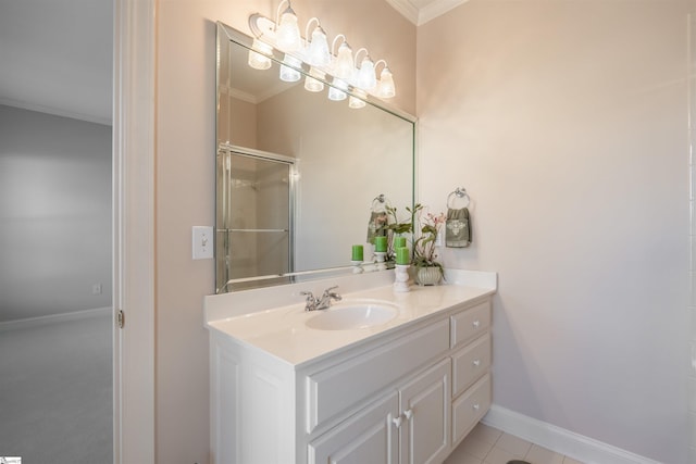 6 Bentford Ct, Simpsonville, SC 29681 - bathroom featuring baseboards, an enclosed shower, vanity, and ornamental molding