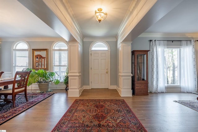 6 Bentford Ct, Simpsonville, SC 29681 - foyer entrance featuring ornate columns, ornamental molding, baseboards, and light wood-type flooring