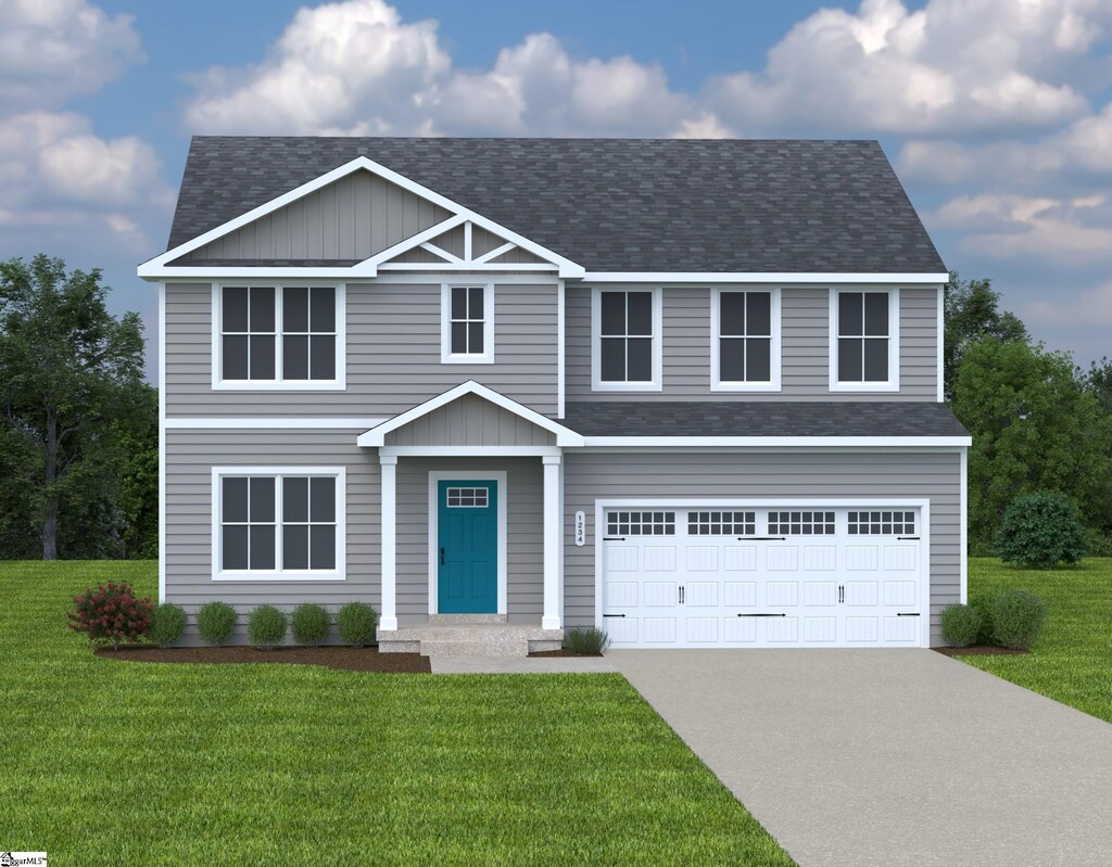 view of front of house with a shingled roof, driveway, a front yard, and an attached garage