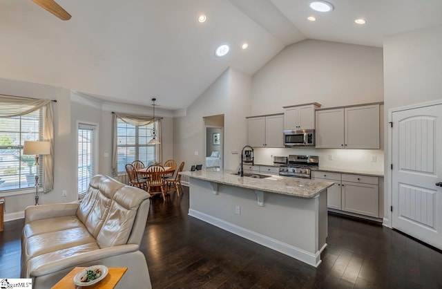 105 Cooper Oaks Ct, Simpsonville, SC 29681 - kitchen featuring light stone countertops, a kitchen bar, appliances with stainless steel finishes, a sink, and dark wood-style floors