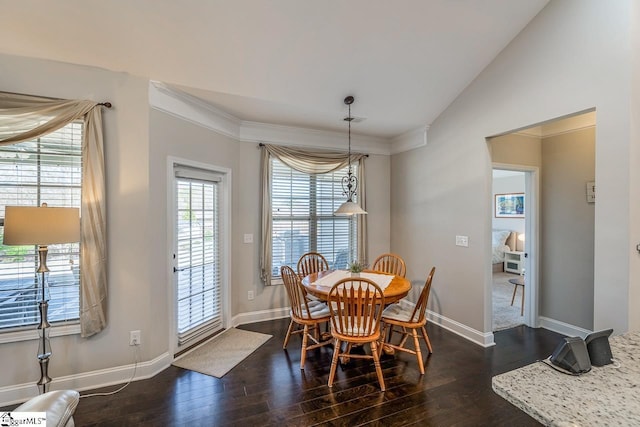 105 Cooper Oaks Ct, Simpsonville, SC 29681 - dining area with baseboards, lofted ceiling, crown molding, and wood finished floors