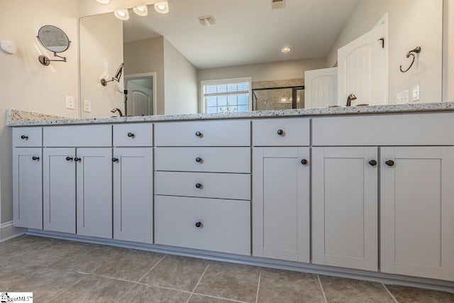 105 Cooper Oaks Ct, Simpsonville, SC 29681 - bathroom featuring a stall shower, a sink, visible vents, and double vanity