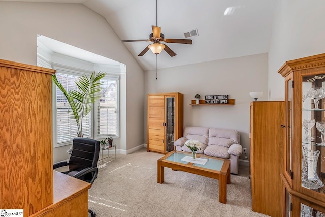 105 Cooper Oaks Ct, Simpsonville, SC 29681 - carpeted office space with a ceiling fan, baseboards, vaulted ceiling, and visible vents