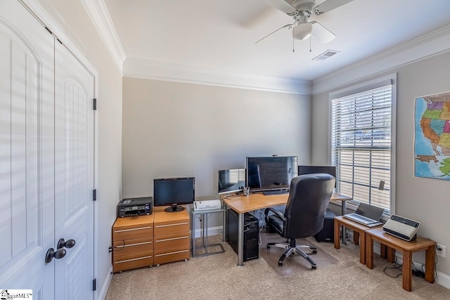 105 Cooper Oaks Ct, Simpsonville, SC 29681 - carpeted home office featuring baseboards, visible vents, ceiling fan, and ornamental molding