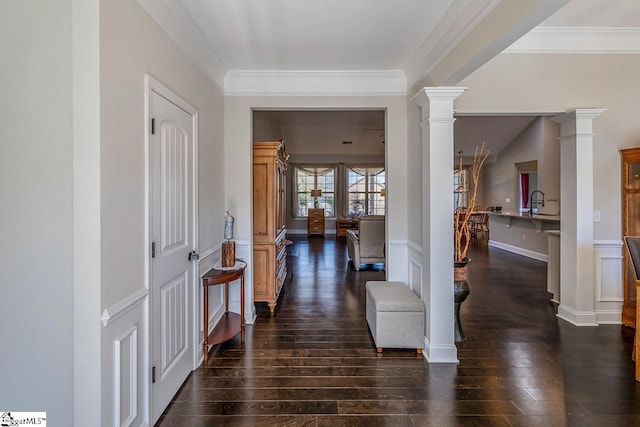 105 Cooper Oaks Ct, Simpsonville, SC 29681 - hall with crown molding, decorative columns, dark wood-style flooring, a decorative wall, and wainscoting
