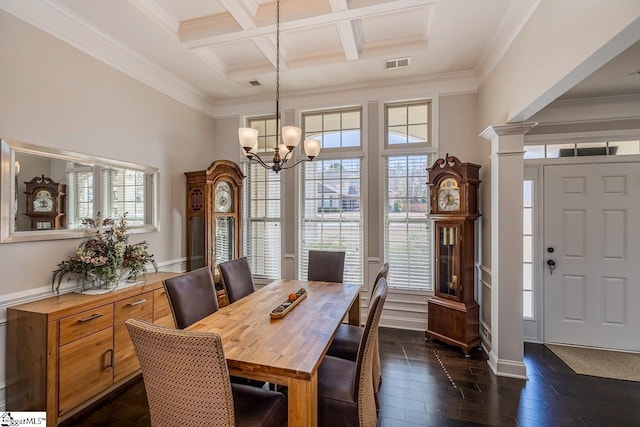 105 Cooper Oaks Ct, Simpsonville, SC 29681 - dining space featuring visible vents, a chandelier, crown molding, dark wood-type flooring, and coffered ceiling