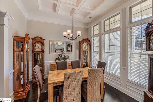 105 Cooper Oaks Ct, Simpsonville, SC 29681 - dining area featuring coffered ceiling, ornamental molding, dark wood finished floors, beam ceiling, and a notable chandelier