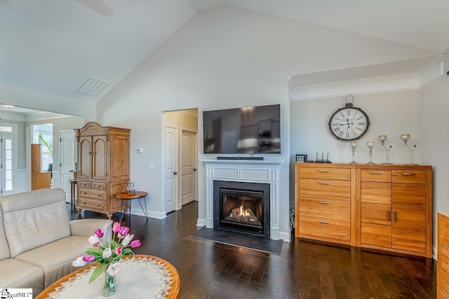 105 Cooper Oaks Ct, Simpsonville, SC 29681 - living room with high vaulted ceiling, a fireplace with flush hearth, baseboards, visible vents, and dark wood-style flooring