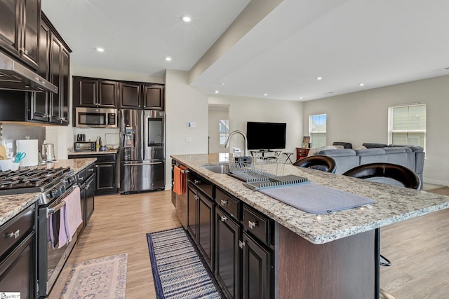 kitchen with stainless steel appliances, an island with sink, a sink, light wood-style floors, and open floor plan